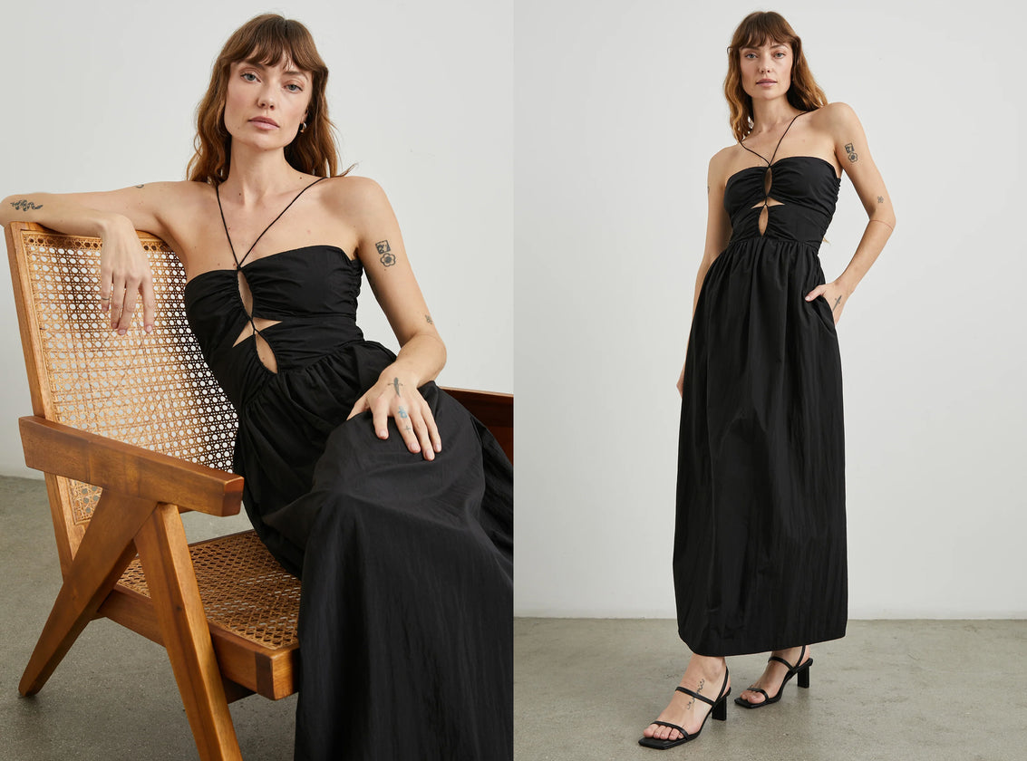 TWO SIDE BY SIDE EDITORIAL IMAGES. FIRST IMAGE IS OF MODEL SITTING IN CHAIR WEARING SYLVIA DRESS. SECOND IMAGE IS FRONT FULL BODY IMAGE OF MODEL WEARING SYLVIA DRESS.