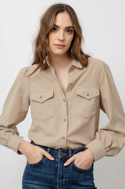 Ada Heather Toffee Button Down Long Sleeve Shirt- front