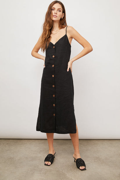 LIZZIE TRUE BACK BUTTON DOWN DRESS- FRONT FULL BODY HANDS ON HIPS