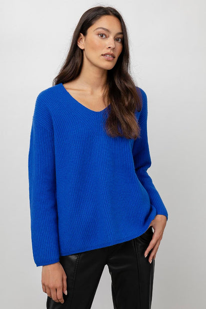 Simone Blue Long Sleeve V Neck Sweater - front