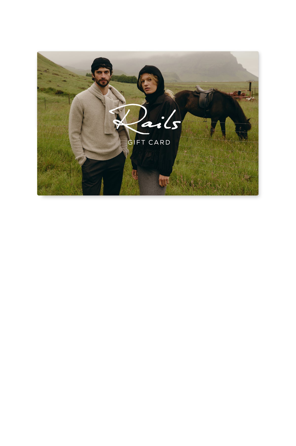 Gift card, featuring dual gender models with Rails logo in white