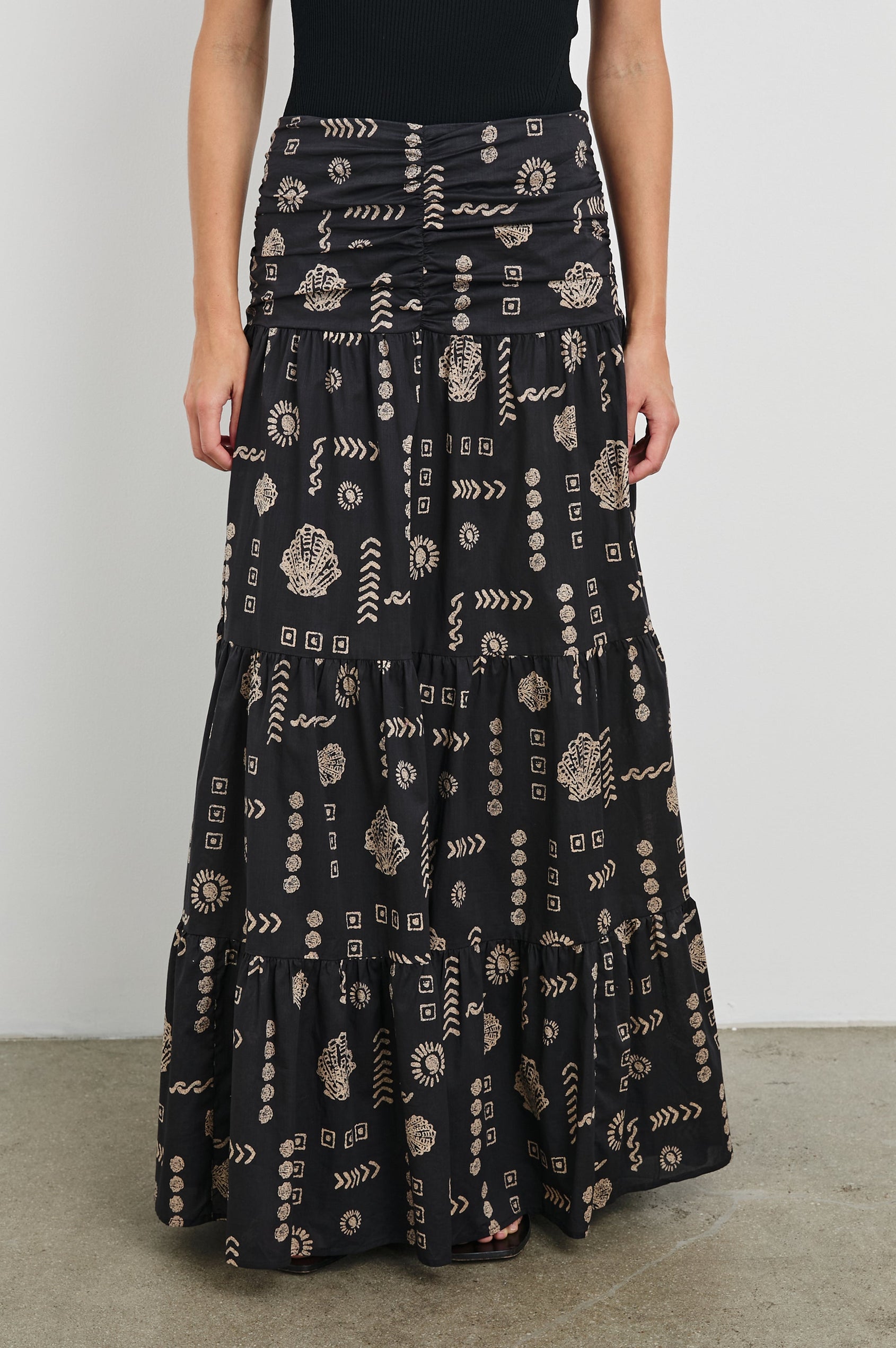 Agatha Maxi Tiered Skirt with Gathered Center Front Seam, A-Line in Beach Shells Colorway. Front View Shown on Model.