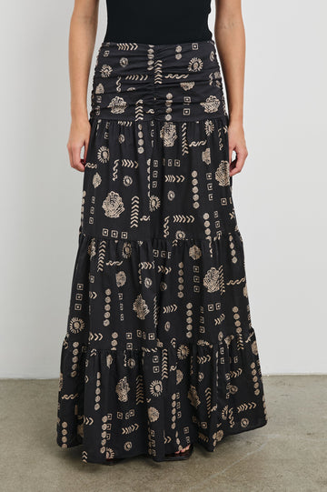 Agatha Maxi Tiered Skirt with Gathered Center Front Seam, A-Line in Beach Shells Colorway. Front View Shown on Model.