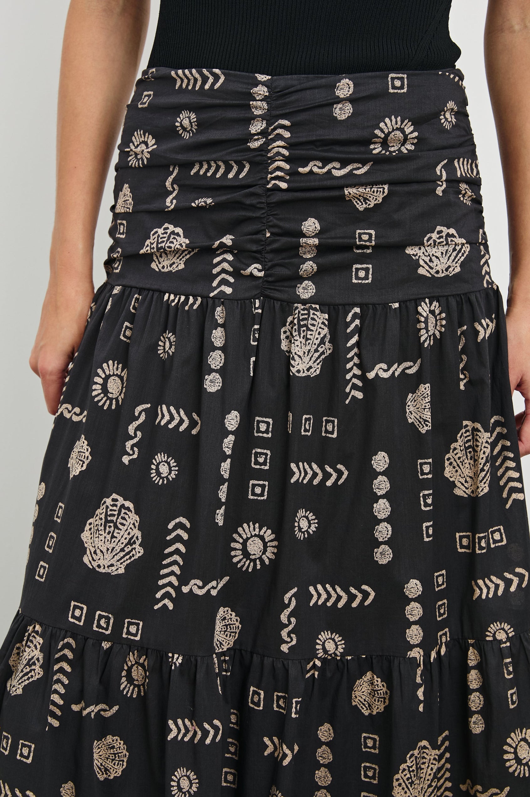 Agatha Maxi Tiered Skirt with Gathered Center Front Seam, A-Line in Beach Shells Colorway. Front Detailed View Shown on Model.