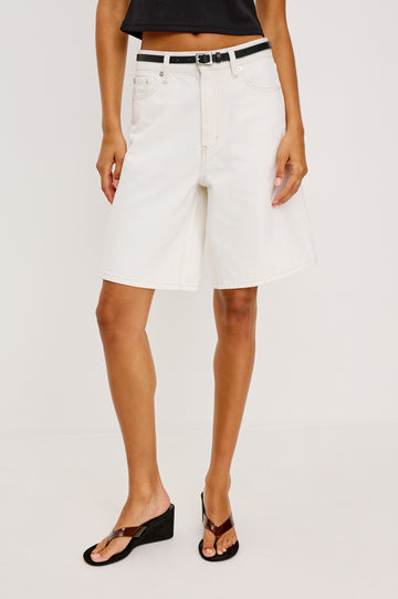 Agoura Short in Rigid Denim With Low Slung Wide Leg Relaxed Fit and Front Zip Fly in Ecru Colorway - Lower Body Front View Featured on Model