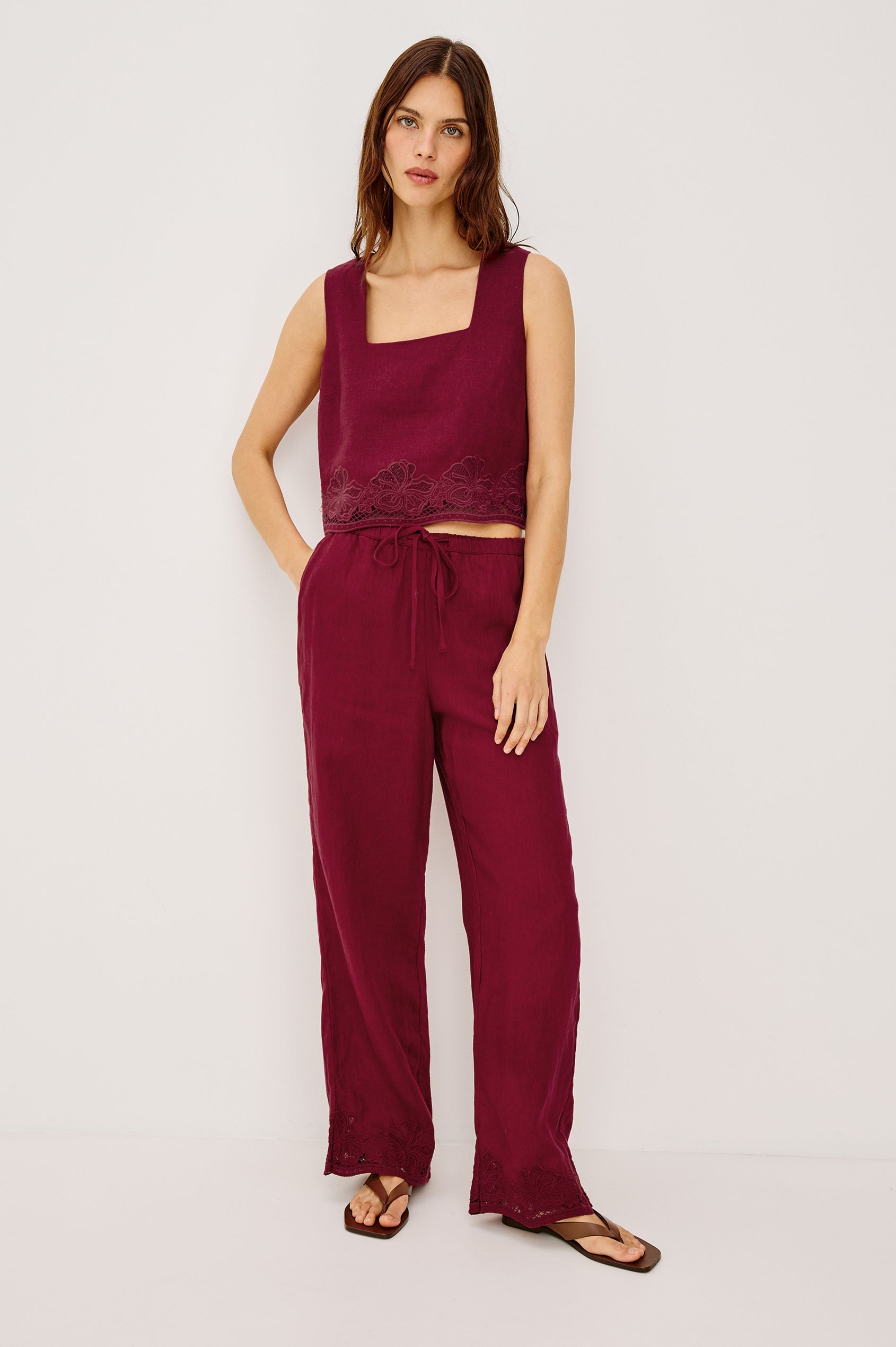 Akira Tank Top in Linen With Square Neckline Wide Fixed Shoulder Straps and Cropped Loose Fit in Berry Hibiscus Embroidery Colorway - Full Body Front VIew Featured on Model