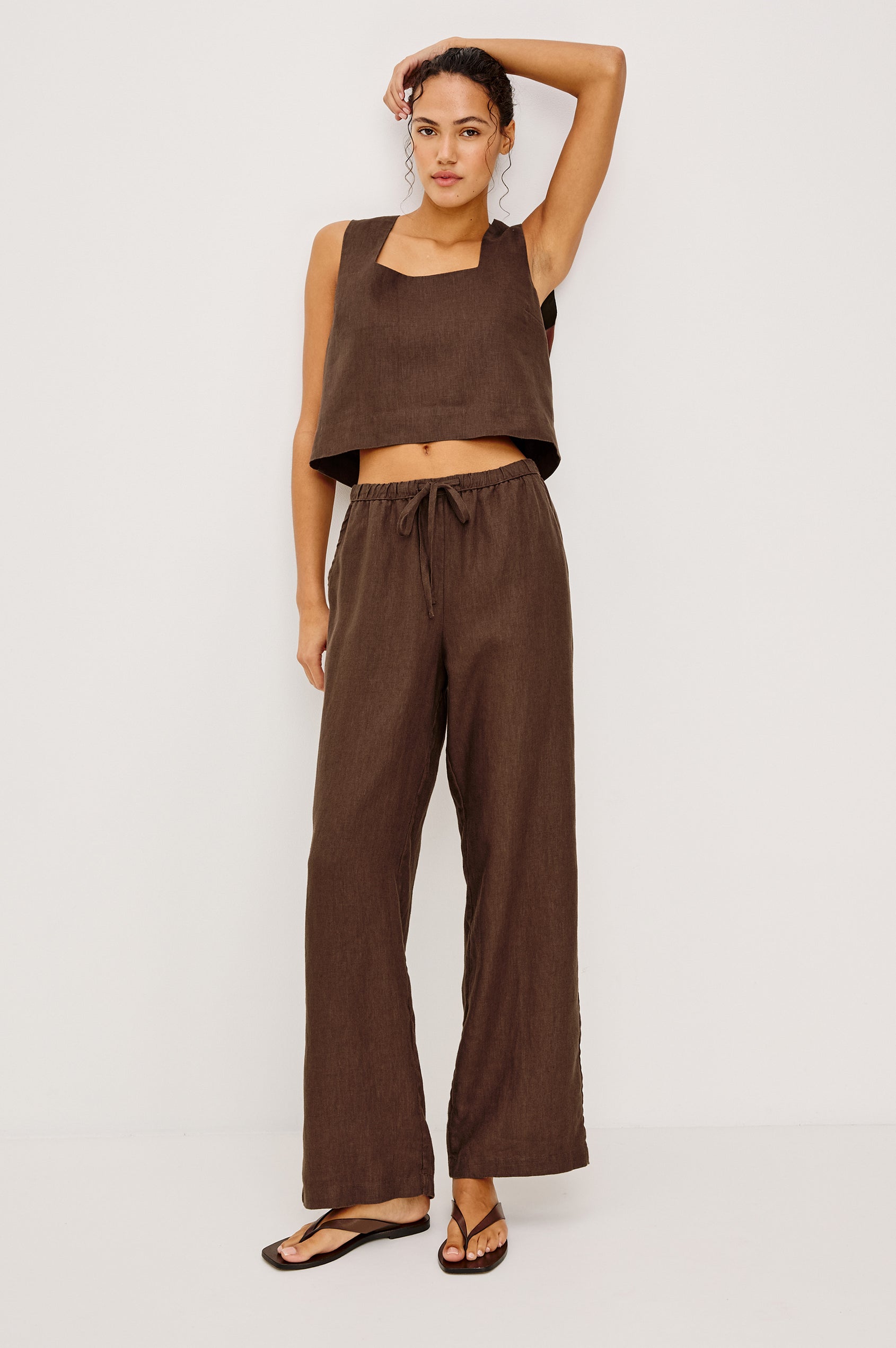 Akira Tank Top in Linen With Square Neckline Wide Fixed Shoulder Straps and Cropped Loose Fit in Espresso Colorway - Full Body Front VIew Featured on Model