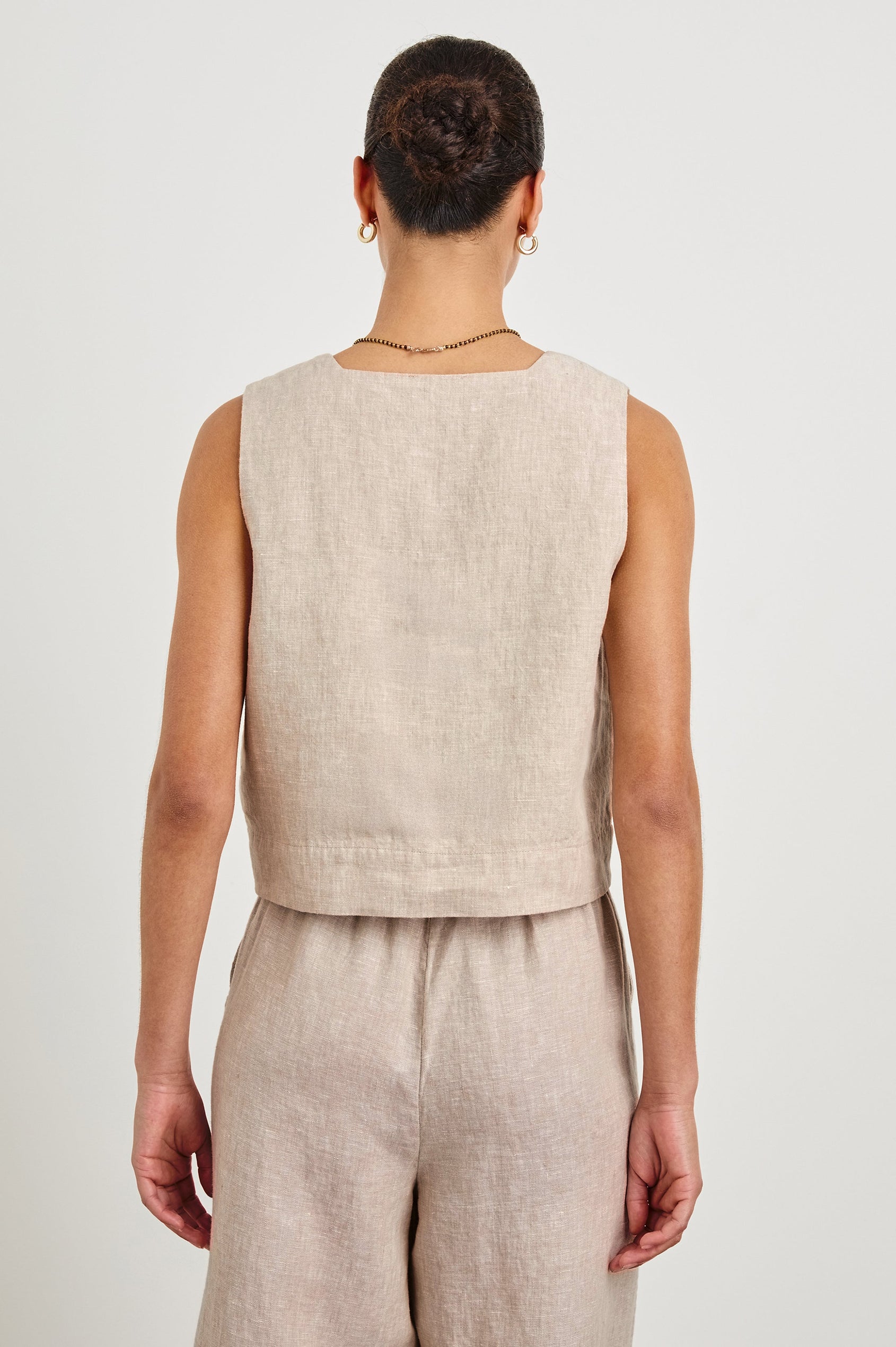 Akira relaxed fit linen crop top with wide straps in Heathered Flax -  back view on model