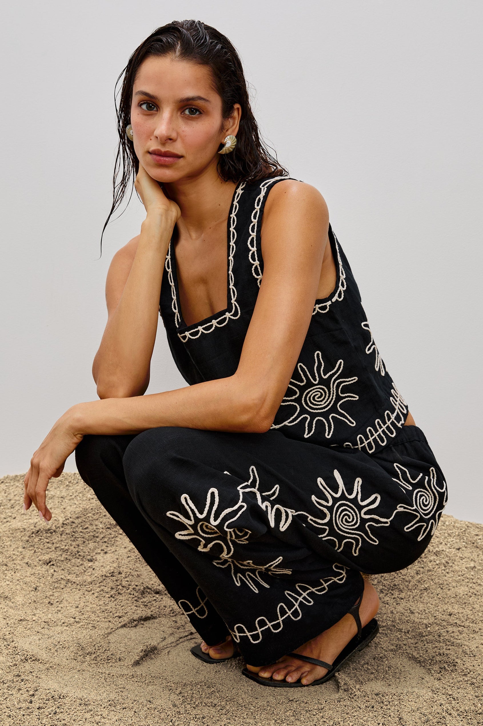 Akira Square Neck Crop Top with Wide Straps in White Contrast Sun Embroidery Colorway. Front View Shown on Model.