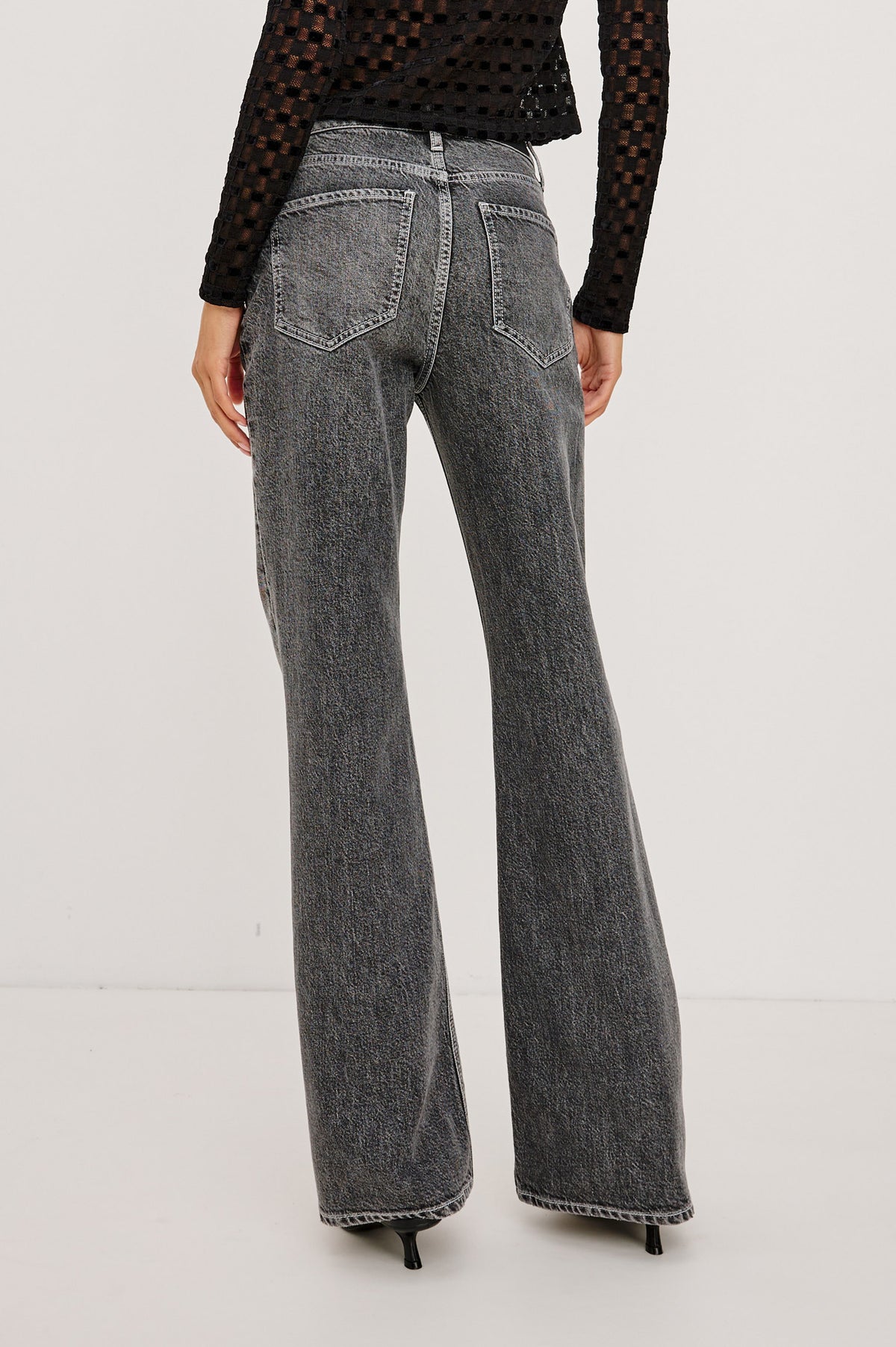 Alamitos Flared Trouser in Comfort Stretch Denim With High-Rise Relaxed Fit, Wide Legs, and 5-Pockets in Night Rider Colorway - Lower Body Back View Featured on Model