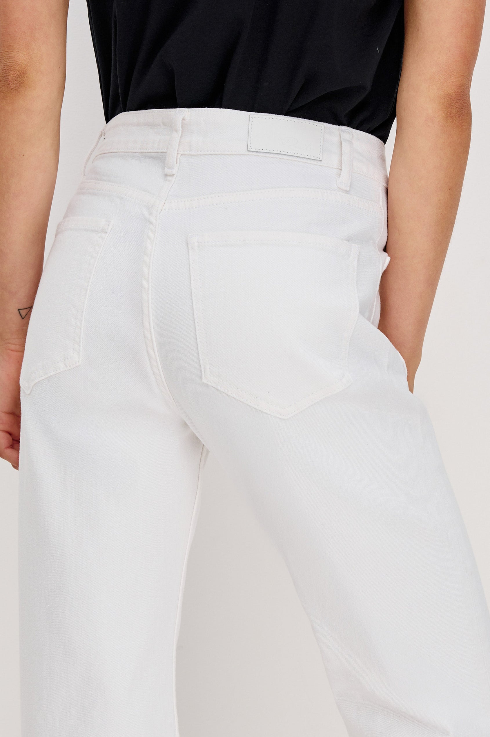 Alamitos Flared Denim Pant with Front Patch Pockets, Belt Loops and Zipper Button Fly in Salt White Colorway. Back Detail View Shown on Model.
