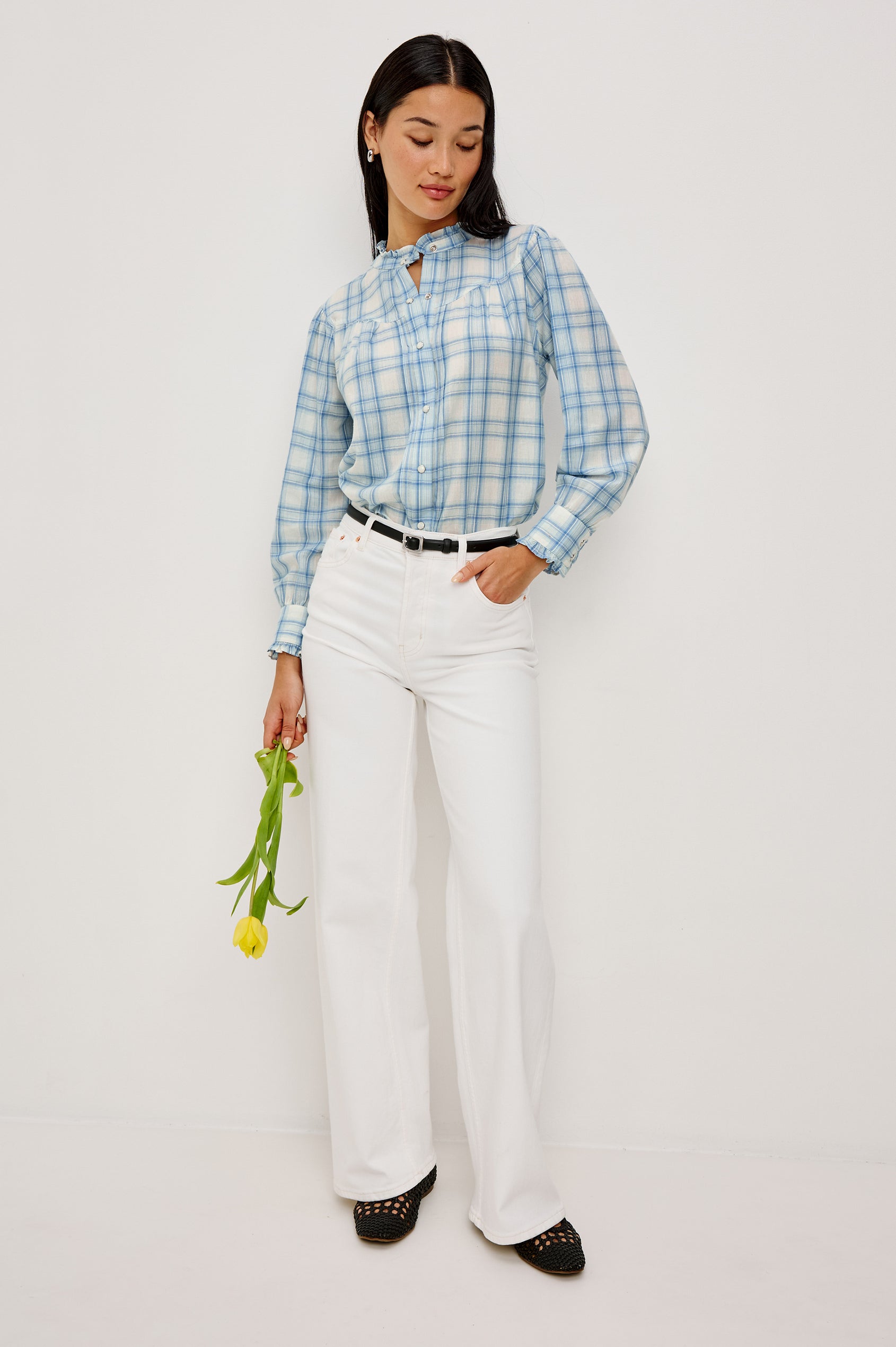 Alanna Long Sleeve Shirt with Snaps Down the Front, a Ruffled Collar, Banded Ruffed Cuffs, and Pleats at the Yoke Seam in Bluebell Ivory Colorway - Full Body Front View fFeatured on Model