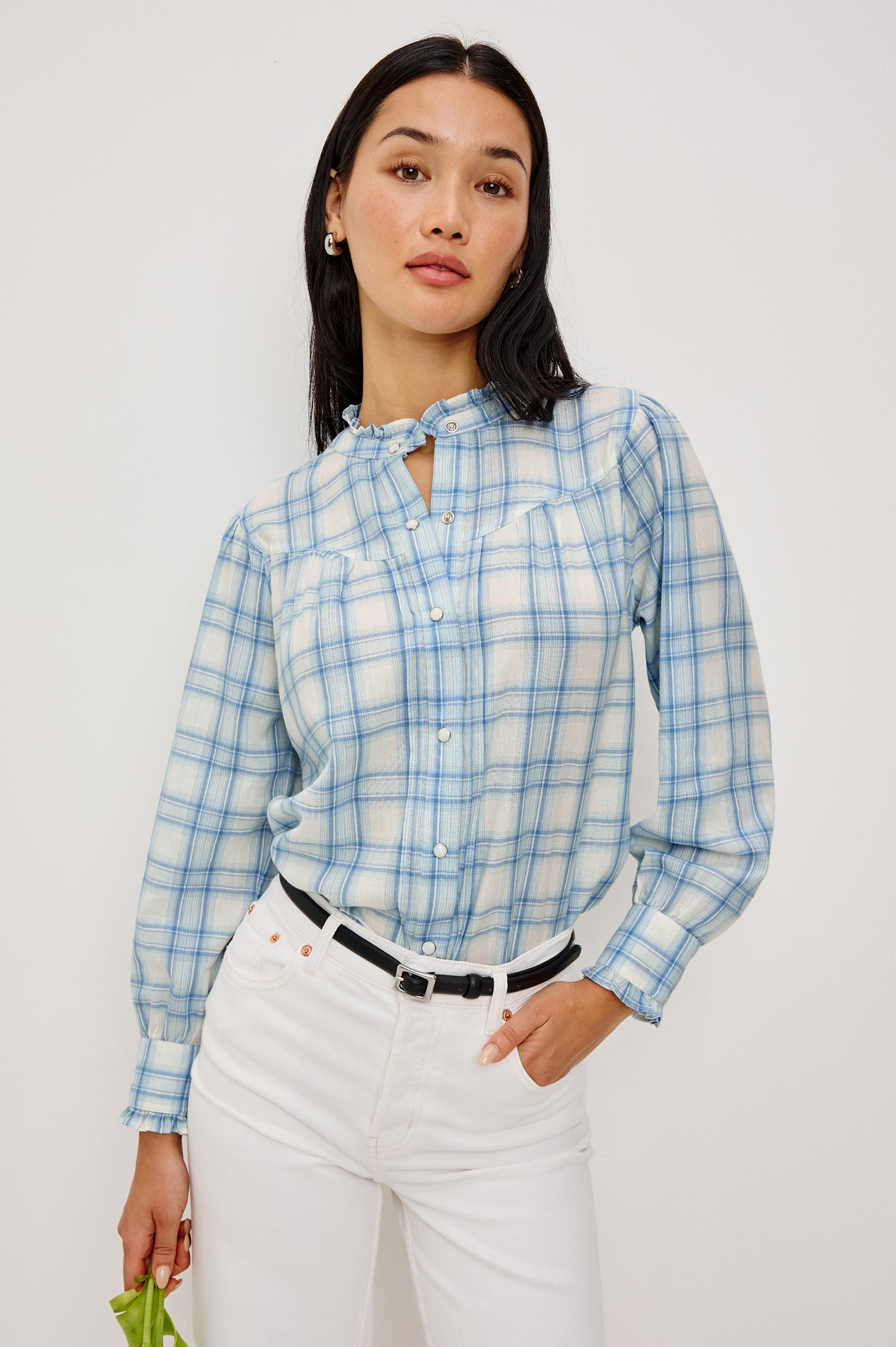 Alanna Long Sleeve Shirt with Snaps Down the Front a Ruffled Collar Banded Ruffed Cuffs and Pleats at the Yoke Seam in Bluebell Ivory Colorway - Upper Body Front View fFeatured on Model