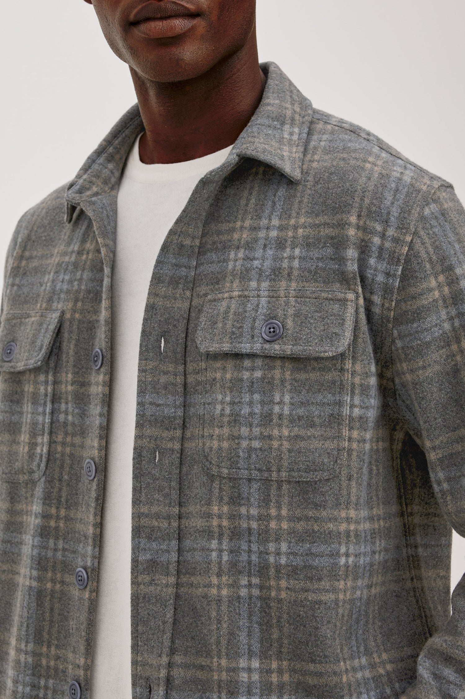 Alder Overshirt in Brushed Flannel With Collar, Button Front, Long Sleeves With Buttoned Cuffs, Back Yoke, Dual Chest Flap Pockets, and Classic Fit in Coastal Iron Heather Colorway - Upper Body Front View Featured on Model