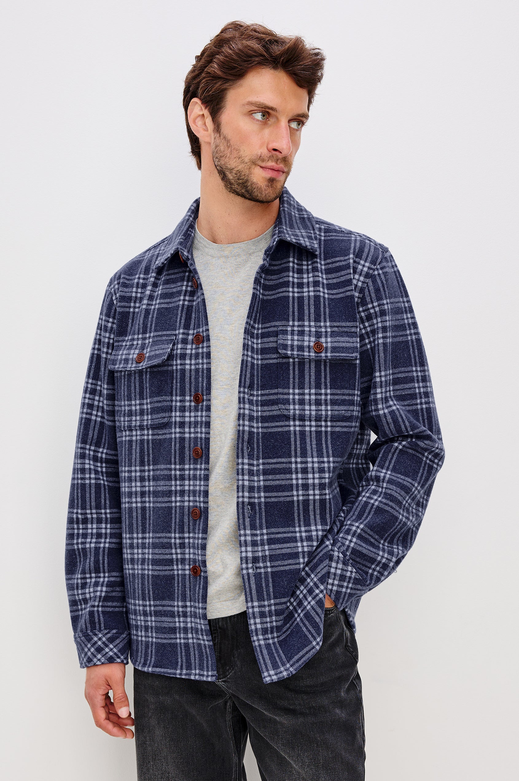 Alder Button Front Plaid Shirt in Brushed Stretch Cotton Blend With Collar, Buttoned Flap Chest Pockets, and Long Sleeves in Frost Harbor Colorway - Full Body Front View Featured on Model