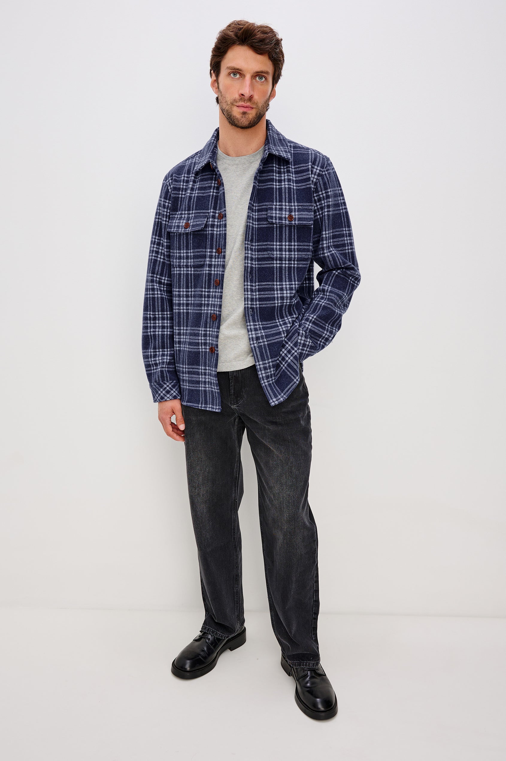 Alder Button Front Plaid Shirt in Brushed Stretch Cotton Blend With Collar, Buttoned Flap Chest Pockets, and Long Sleeves in Frost Harbor Colorway - Full Body Front View Featured on Model