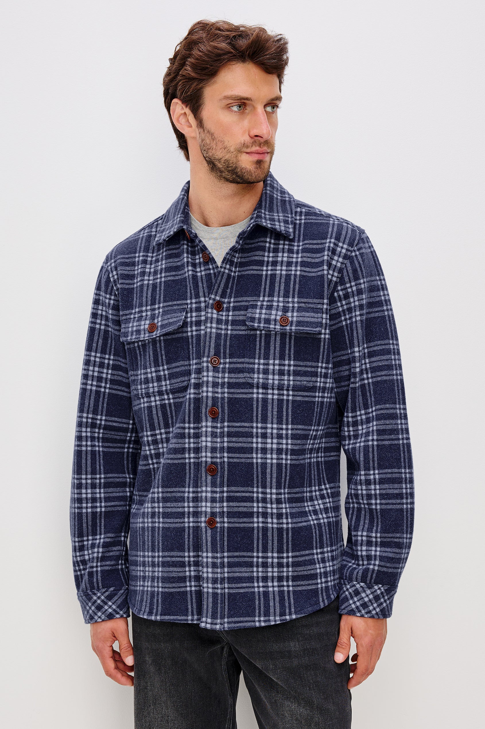 Alder Button Front Plaid Shirt in Brushed Stretch Cotton Blend With Collar, Buttoned Flap Chest Pockets, and Long Sleeves in Frost Harbor Colorway - Upper Body Front View Featured on Model