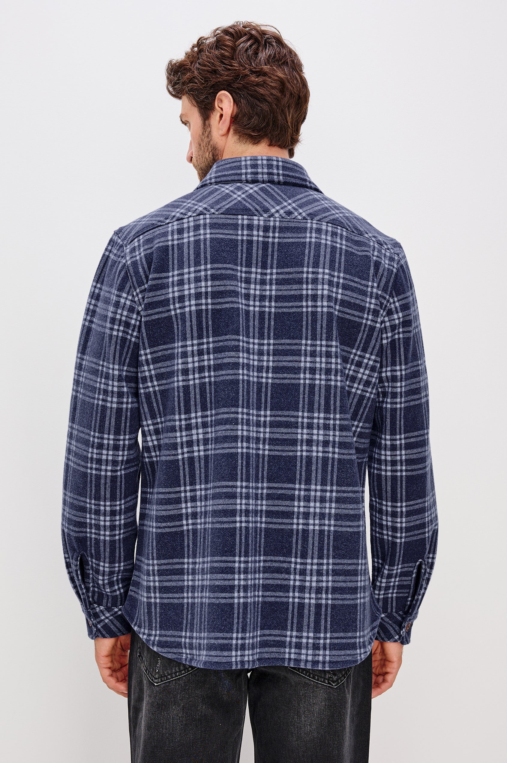 Alder Button Front Plaid Shirt in Brushed Stretch Cotton Blend With Collar, Buttoned Flap Chest Pockets, and Long Sleeves in Frost Harbor Colorway - Upper Body Back View Featured on Model