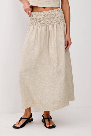 Alessa Pull On Midi Skirt with Elastic Gathered Waist in Heathered Flax Colorway. Front View Shown on Model.