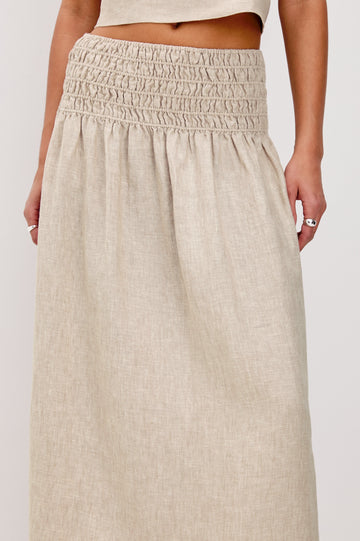 Alessa Pull On Midi Skirt with Elastic Gathered Waist in Heathered Flax Colorway. Front Detailed View Shown on Model.