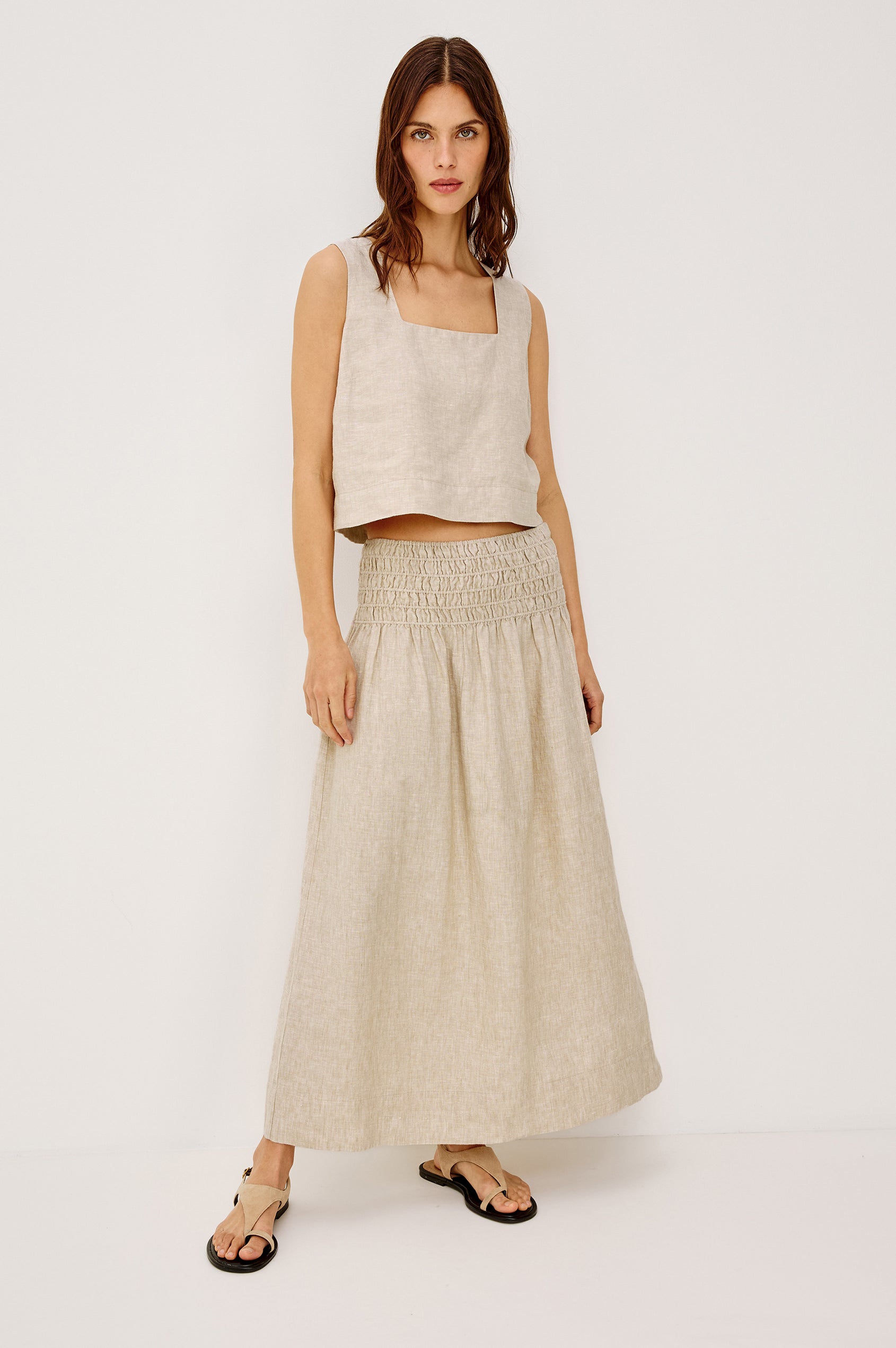 Alessa Midi Skirt in Heavy Linen With Wide Smocked Waistband and A-Line Silhouette in Heathered Flax Colorway - Full Body Front View Featured on Model