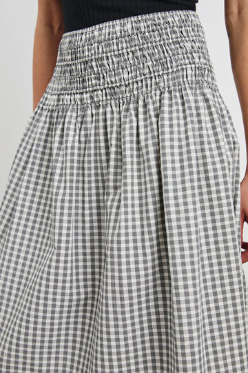 Alessa Midi skirt with Cinched Waist in Ivory Jet Gingham Colorway - Front View Featured on Model