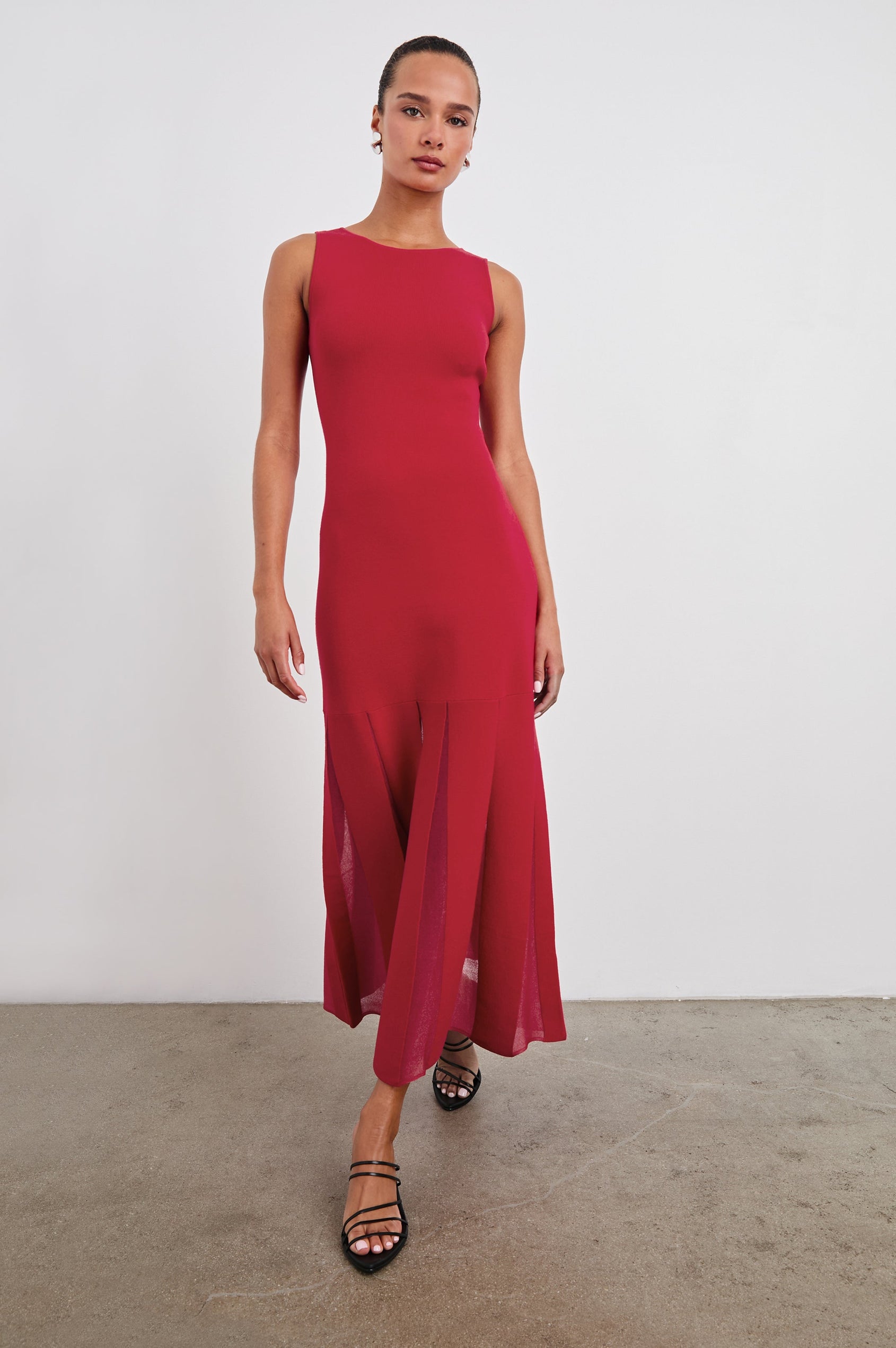 Alessia Sleeveless Maxi Dress with a Crew Neck and Sheer Vertical Inserts along the Hem from the Mid-Thigh in Scarlet Colorway - Front Full Body View Featured on Model 