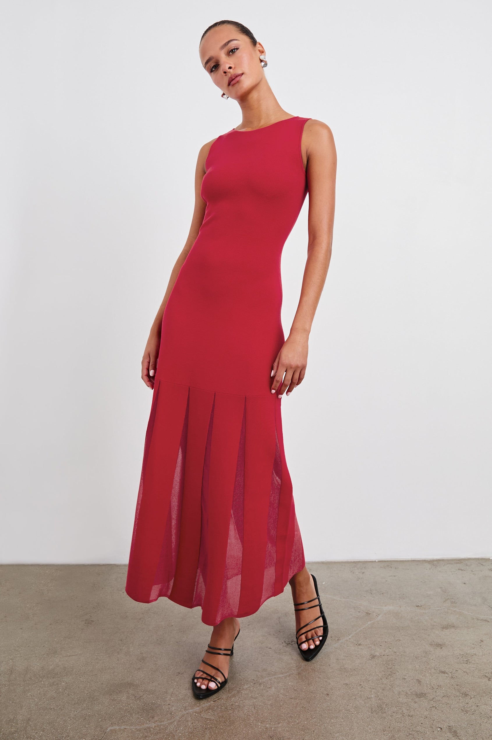 Alessia Sleeveless Maxi Dress with a Crew Neck and Sheer Vertical Inserts along the Hem from the Mid-Thigh in Scarlet Colorway - Front Full Body View Featured on Model 