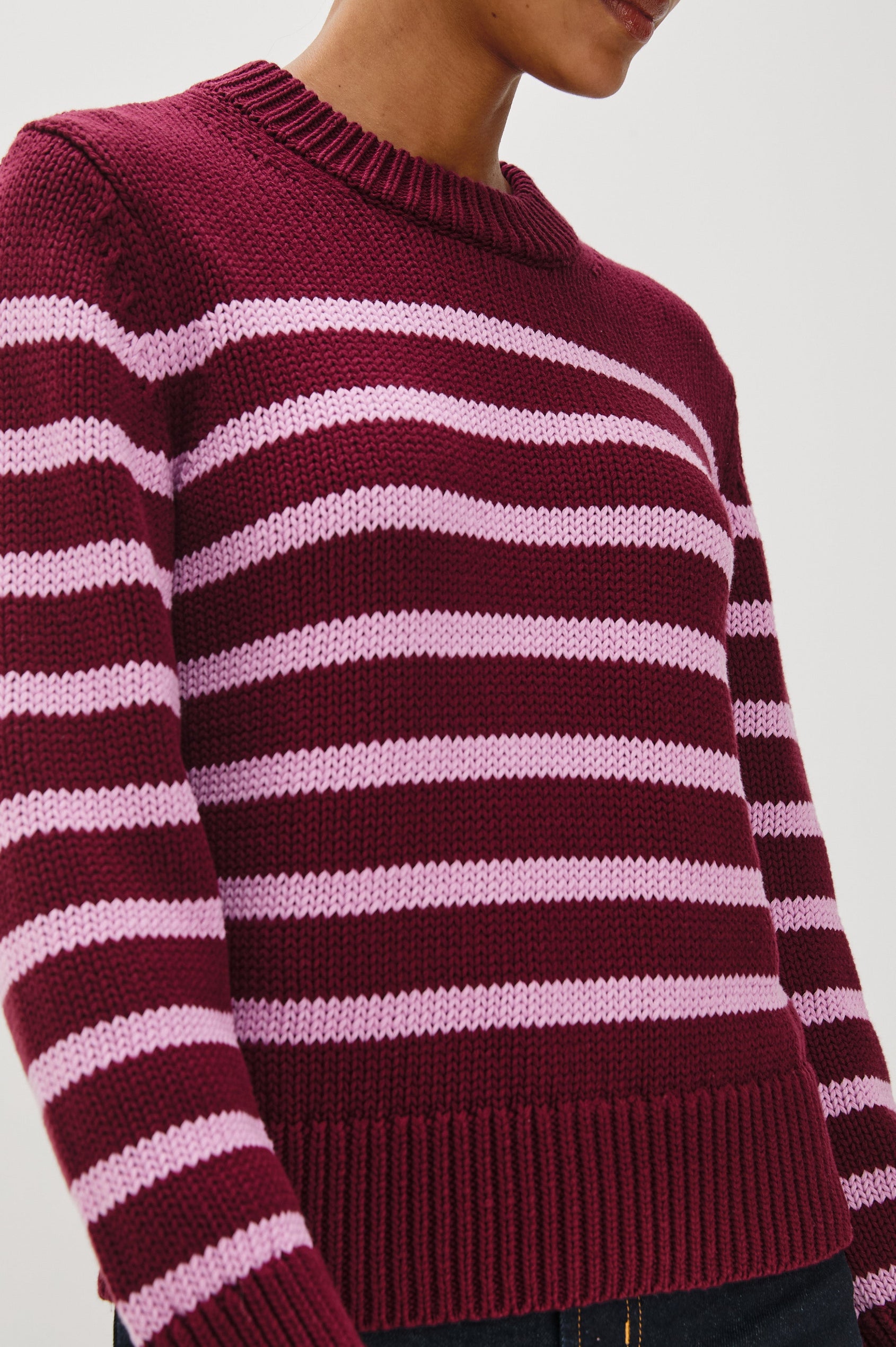 Alise crewneck wool sweater with ribbed detailing on cuffs and collar in Mulberry Stripe - Close Up front view on model