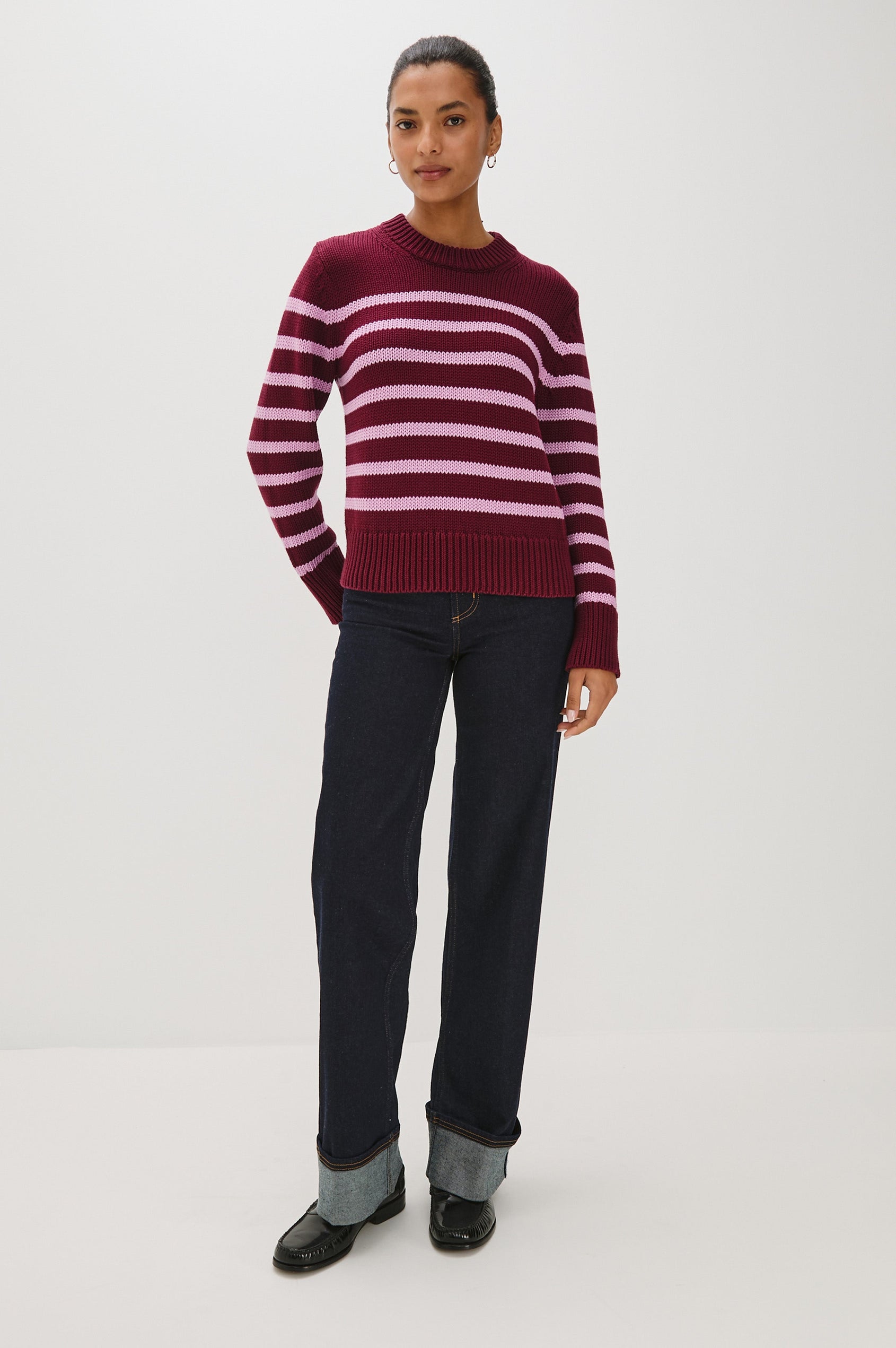 Alise crewneck wool sweater with ribbed detailing on cuffs and collar in Mulberry Stripe - Full body front view on model