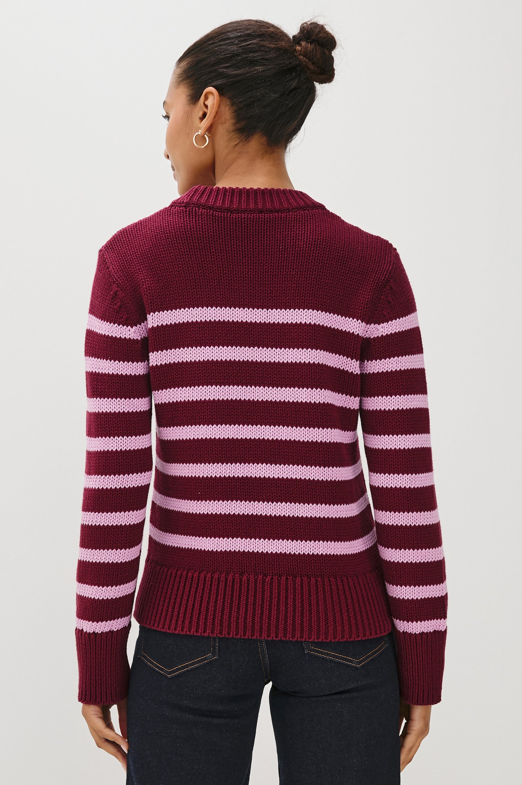 Alise crewneck wool sweater with ribbed detailing on cuffs and collar in Mulberry Stripe - Back view on model