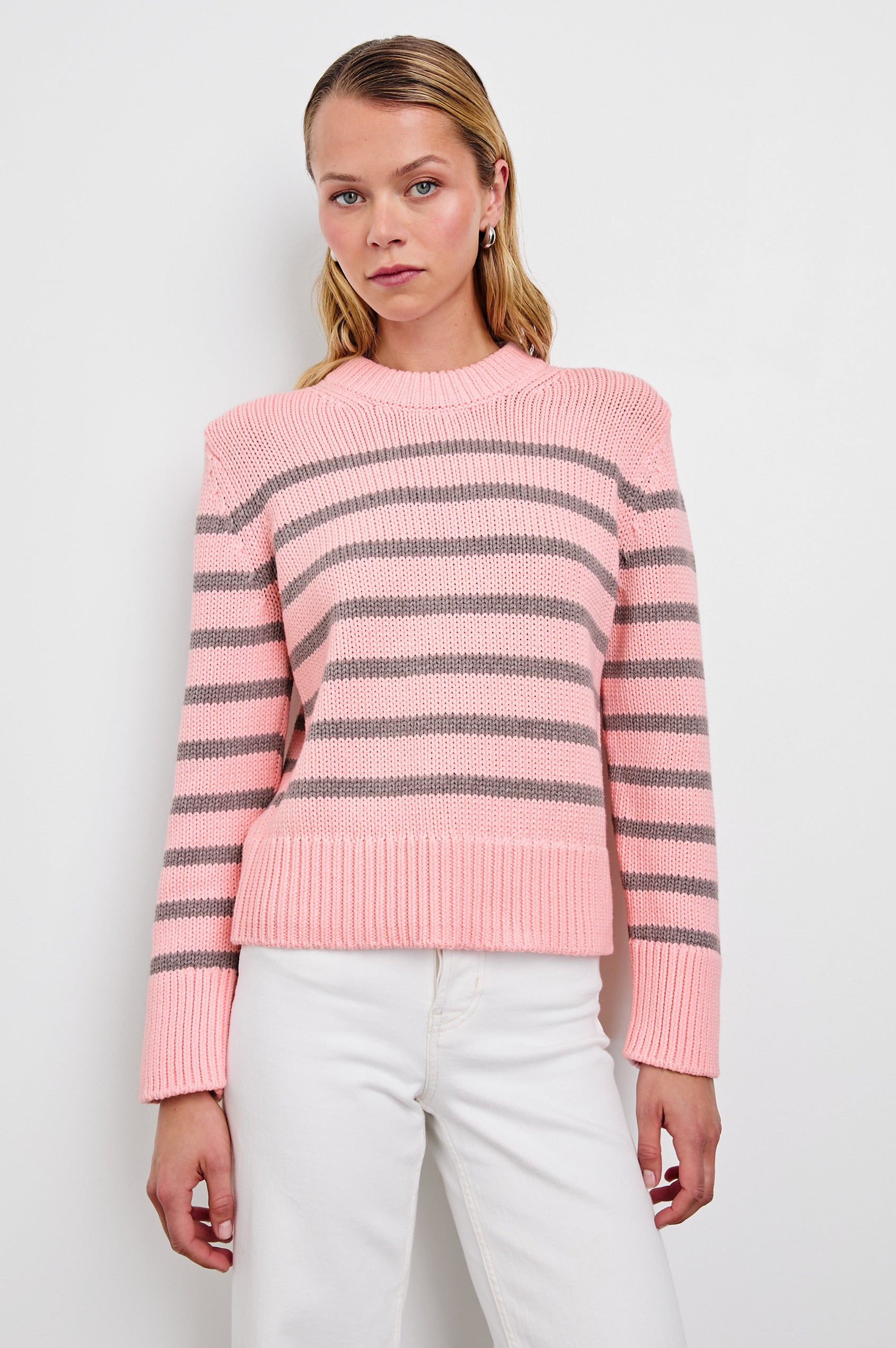 Alise Long-Sleeve Sweater with a Crew Neck and Ribbed Trim in Pink Heather Stripe Colorway, horizontal stripes - Front View Featured on Model