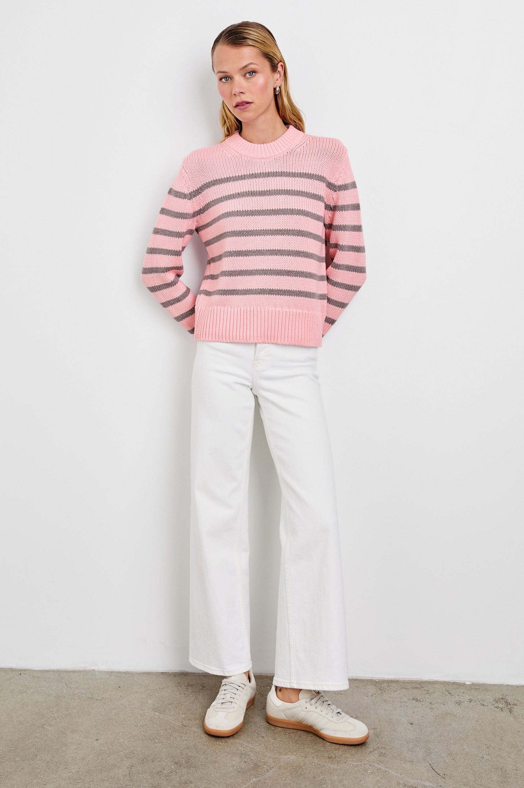 Alise Long-Sleeve Sweater with a Crew Neck and Ribbed Trim in Pink Heather Stripe Colorway, horizontal stripes - Front Full Body View Featured on Model