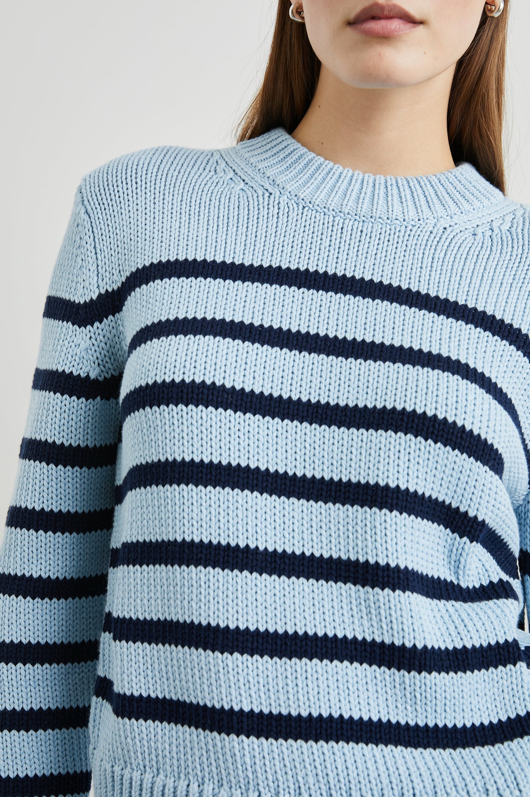 Alise Long-Sleeve Sweater with a Crew Neck and Ribbed Trim in Sky Navy Stripe Colorway, horizontal stripes - Front View Featured on Model