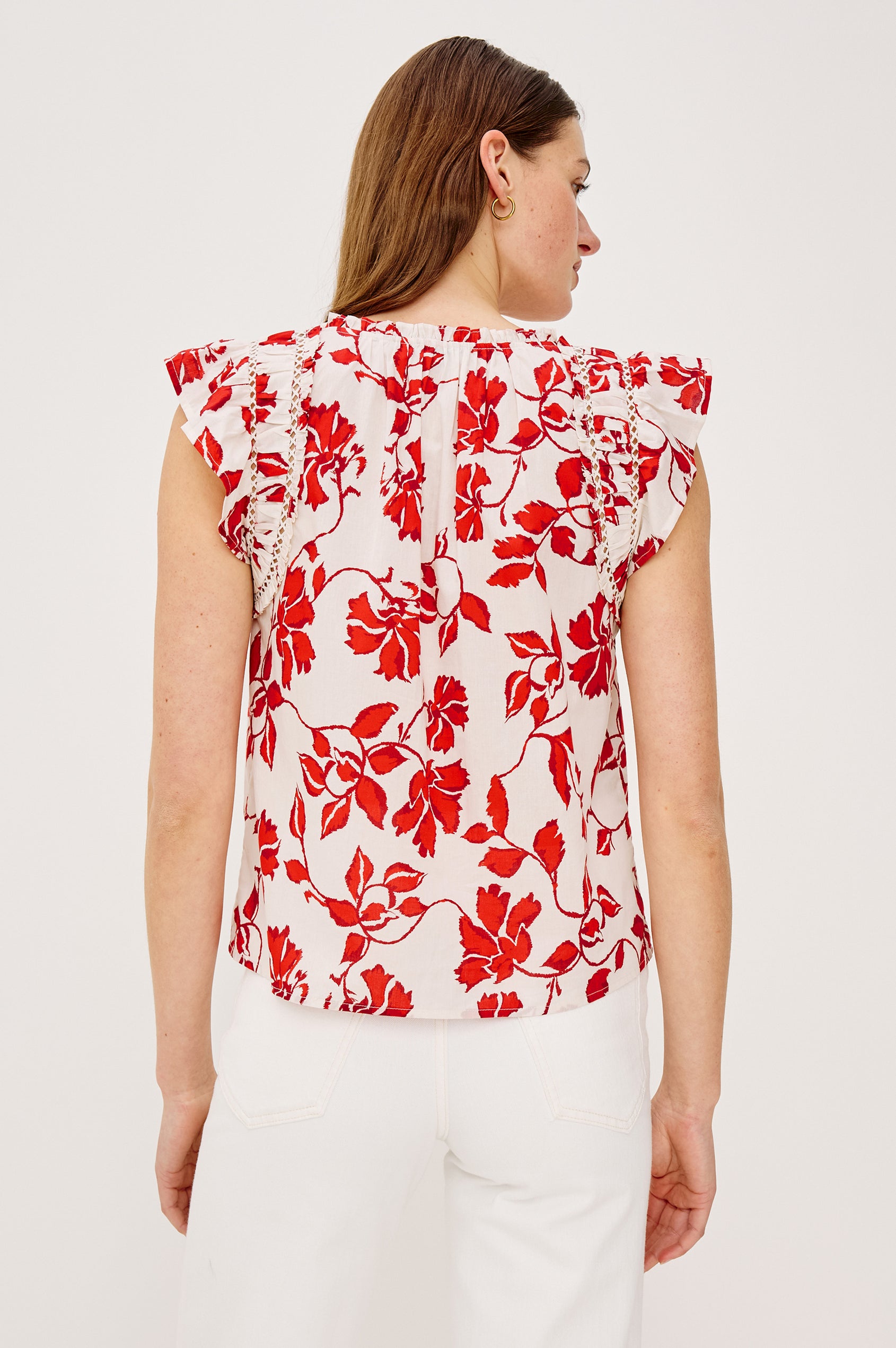 Allea Top in Poplin With Relaxed Fit Split V-Neck. Flutter Sleeves With Contrast Stitcing and Lattice Cutwork in Red Jasmine Colorway - Full Body Back View Featured on Model