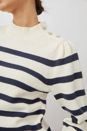 ALLIE SWEATER IVORY NAVY STRIPE - FRONT BUTTON DETAILS
