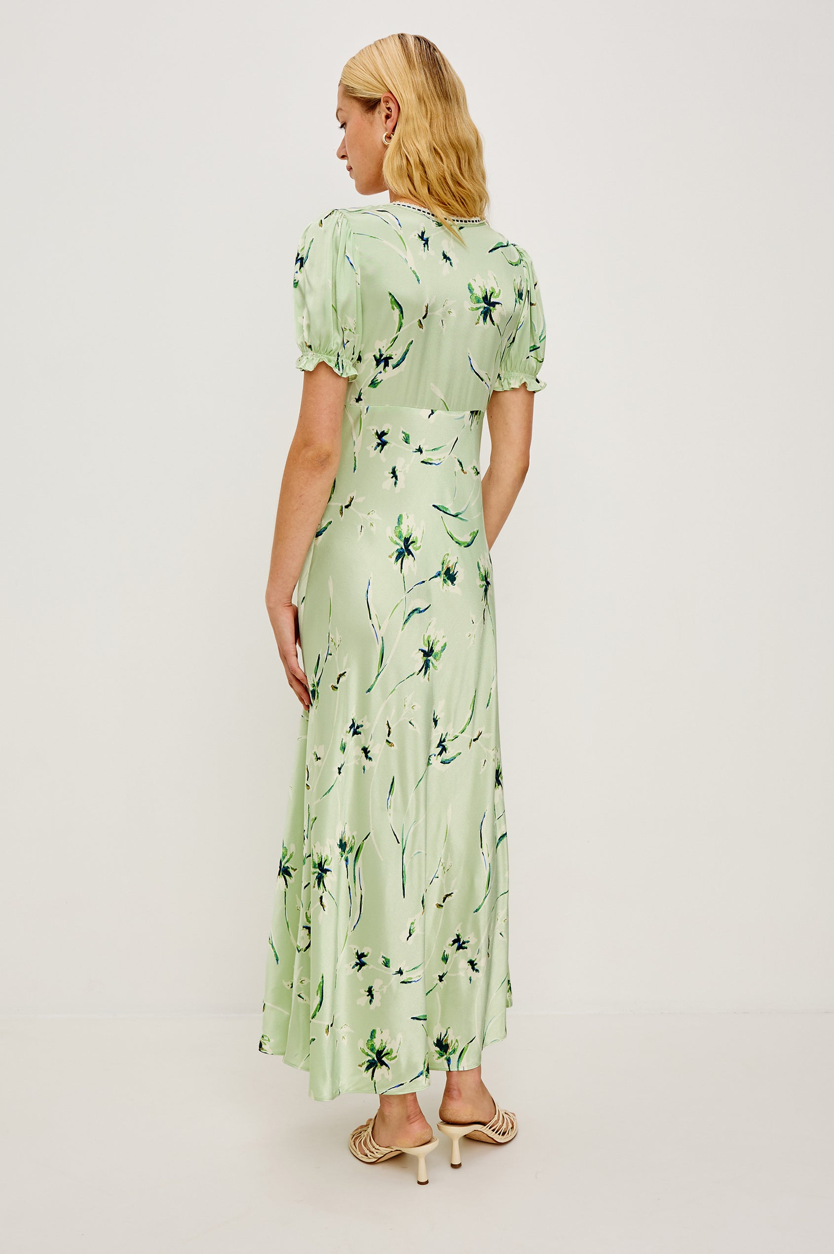 Allison Milkmaid-Inspired Maxi Dress in Satin Crepe Bias Cut With Short Puff Sleeves, Lace Scoop Neckline, and Ribbon Trim in Mint Linnea Colorway - Full Body Back View of Model Featured
