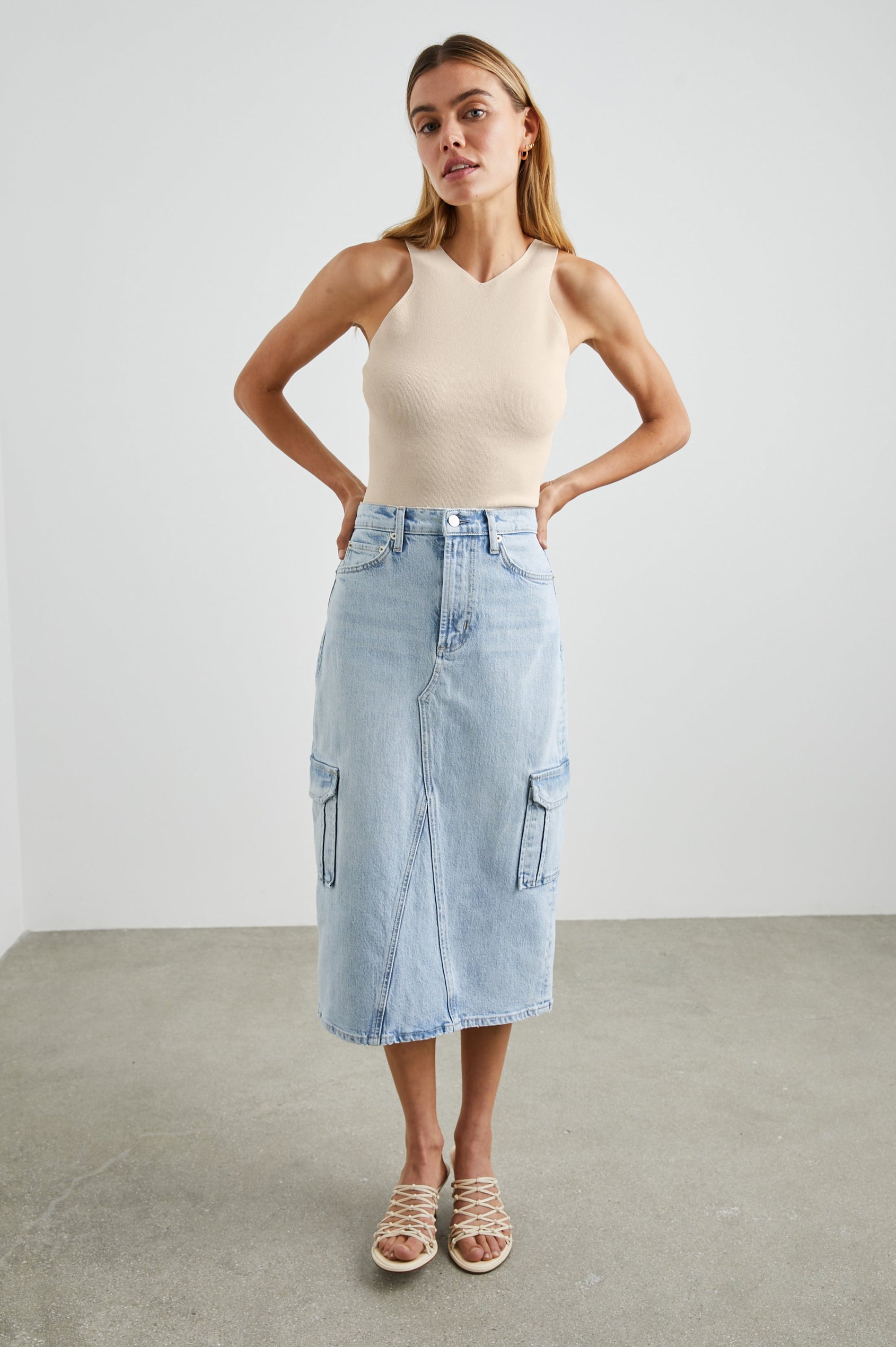 Ally Tank with a High V Neck in Ivory Colorway - Front Tucked Full Body View Featured on Model 