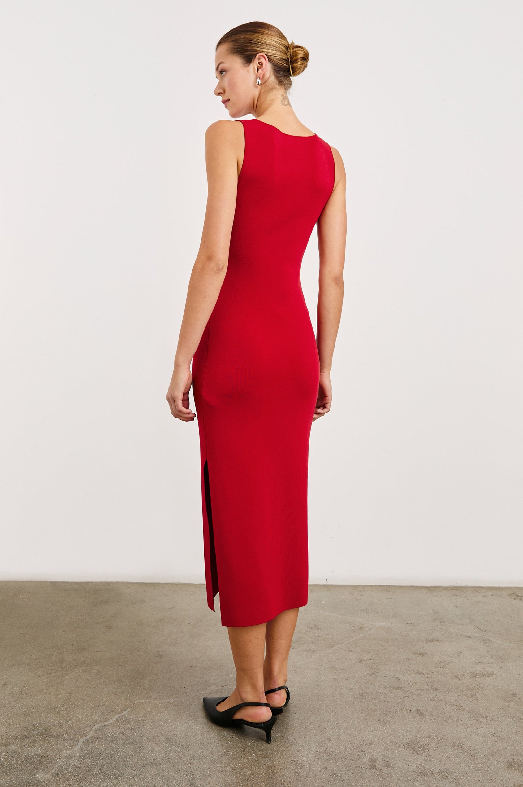 Alora Sleeveless Midi Dress with a Shallow Boat Neck, Mid-Thigh Side Slit, and a Fine Rib Knit in Cherry Colorway - Back Full Body View Featured on Model
