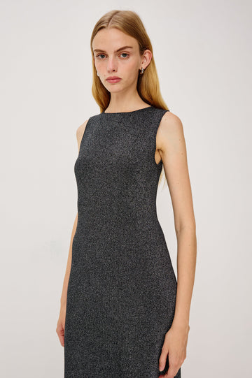 Alora Sleeveless Midi Dress with a Shallow Boat Neck, Mid-Thigh Side Slit, and a Fine Rib Knit in Black Colorway - Front Full Body View Featured on Model