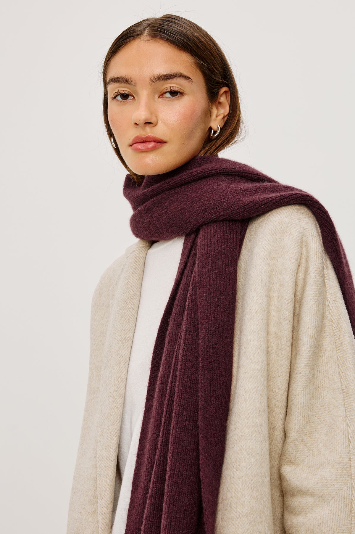 Alps Oversized Scarf in Ribbed Silk Cashmere Blend in Wine Colorway - Upper Body Front View Featured on Model
