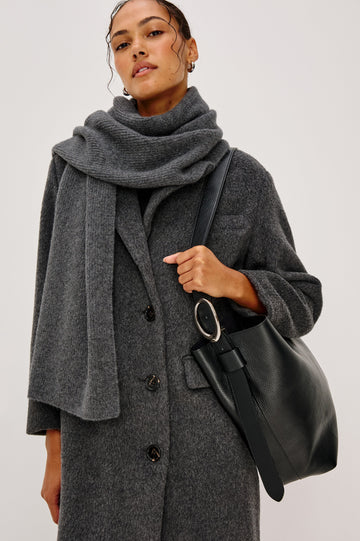 Alps cashmere silk scarf in Thunder grey colorway. Front view featured on model.