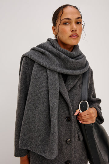 Alps cashmere silk scarf in Thunder grey colorway. Front view featured on model.