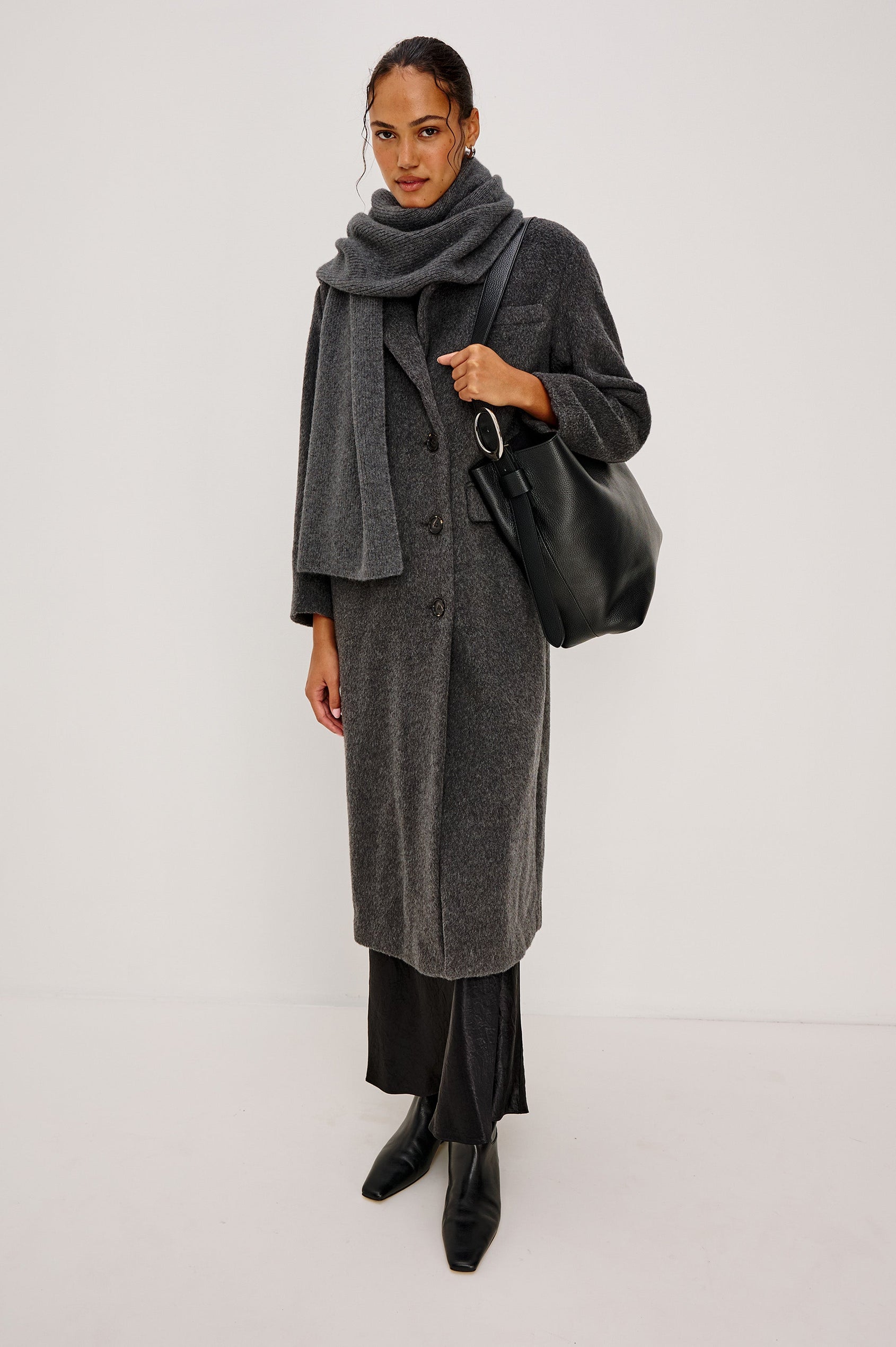 Alps cashmere silk scarf in Thunder grey colorway. Front full body view featured on model.