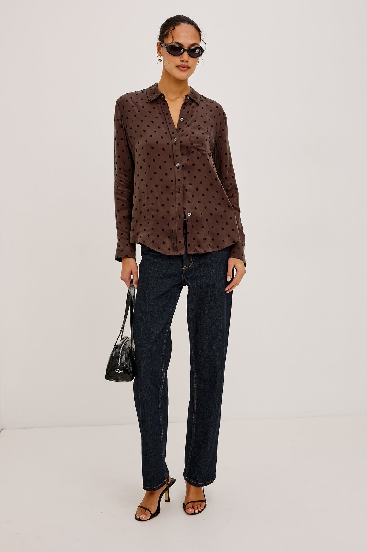 Alyssa Shirt in Luxe Lightweight Cupro With Loose Fit, Collar, Front Buttons, Long Sleeves, and Curved Back Hem in Olive Jaguar Colorway - Full Body Front View Featured on Model
