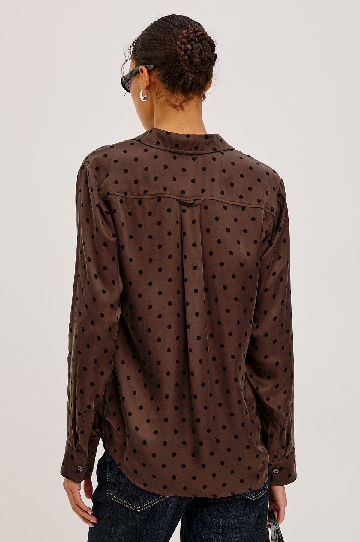 Alyssa Shirt in Luxe Lightweight Cupro With Loose Fit, Collar, Front Buttons, Long Sleeves, and Curved Back Hem in Olive Jaguar Colorway - Upper Body Back View Featured on Model