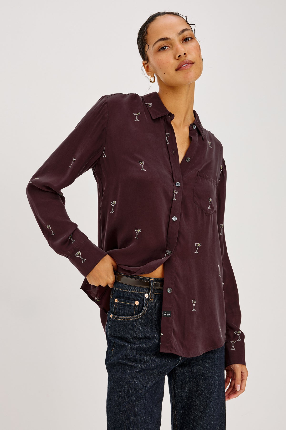 Alyssa Shirt in Martini Print Silk With Front Buttons, Single Chest Pocket, Point Collar, and Long Sleeves in Oxblood Martini Colorway - Upper Body Front View Featured on Model.
