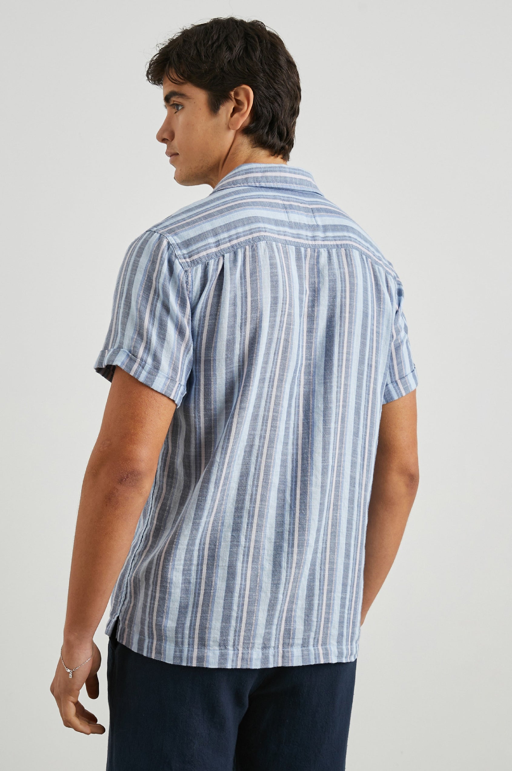 Amalfi Short-Sleeve Button Up in Powder Cobalt Stripe Colorway, vertical stripes in powder, cobalt and petal - Back View Featured on Model
