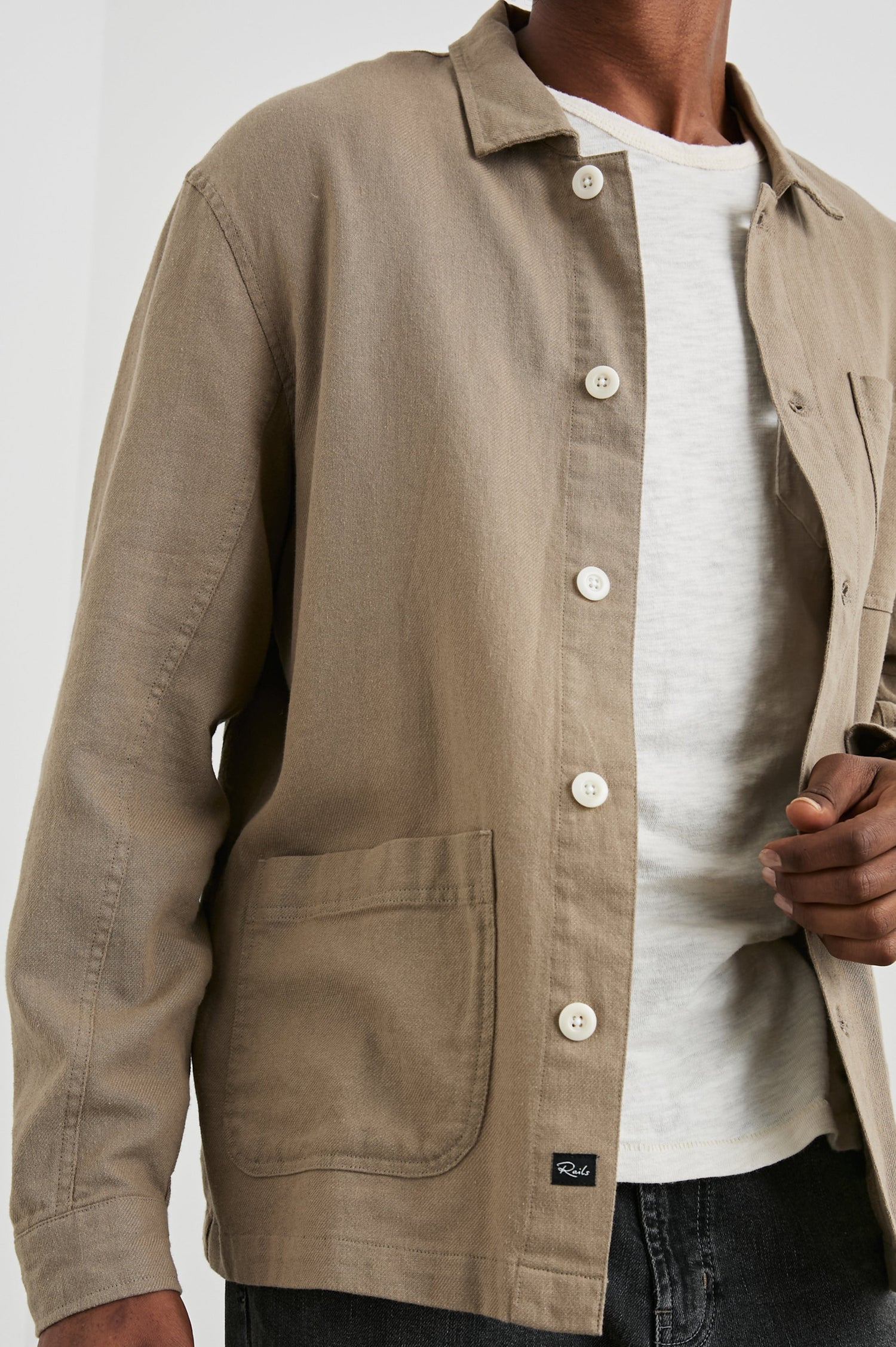 Ambrose Jacket with Button Closure, Two Front Patch Pockets and a Chest Patch Pocket in Barley Colorway - Front View Featured on Model