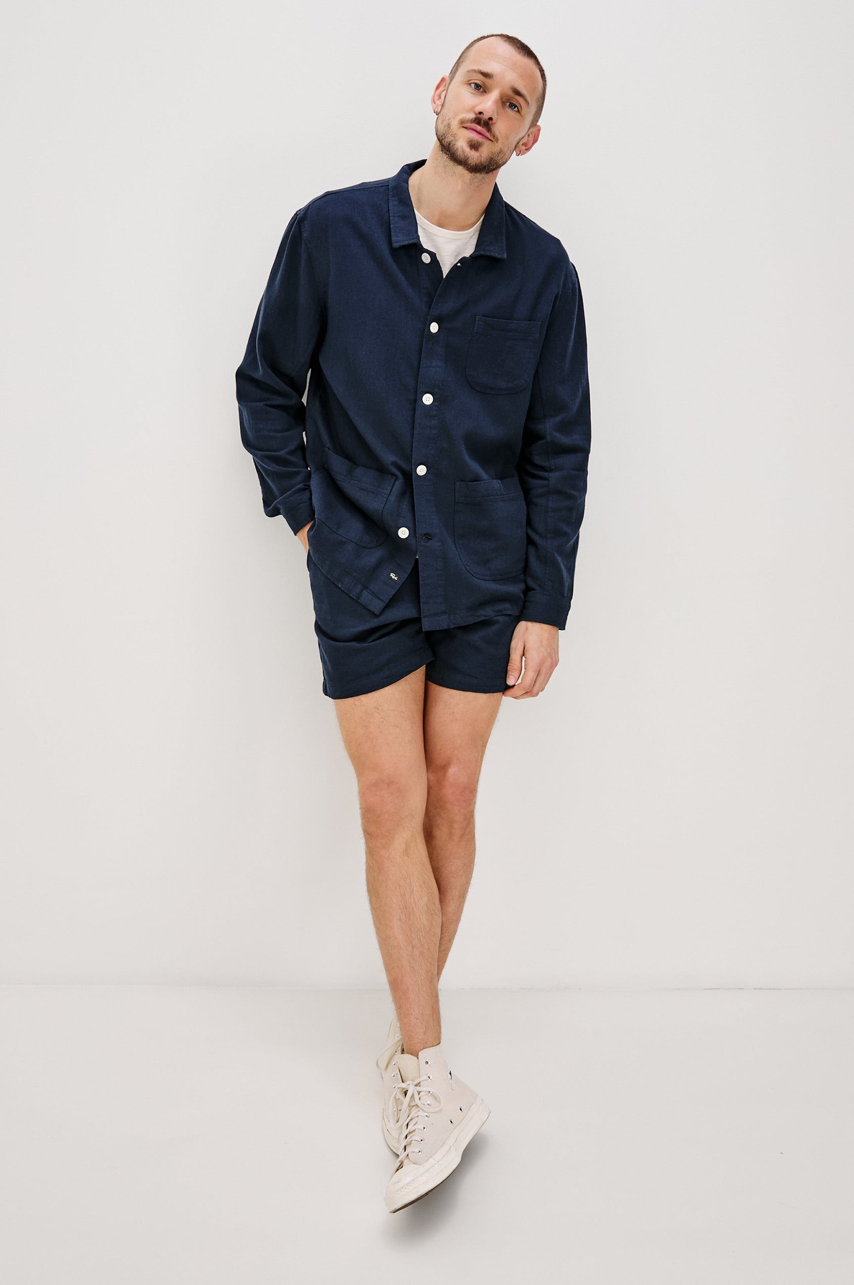 Ambrose Jacket with Button Closure and Two Front Patch Pockets and a Chest Patch Pocket in Deep Meridian Colorway - Front Full Body View Featured on Model